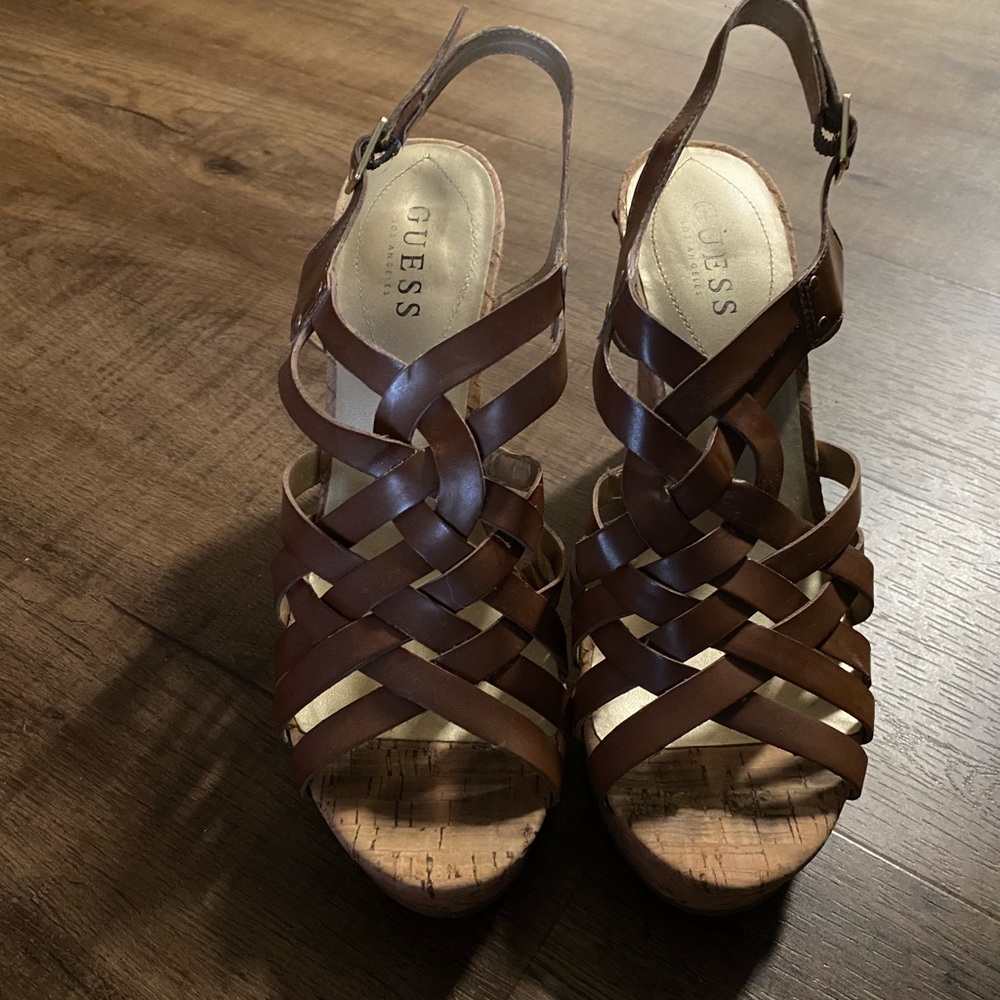 Brown Strappy High Heel Cork Wedges with Gold Accents
